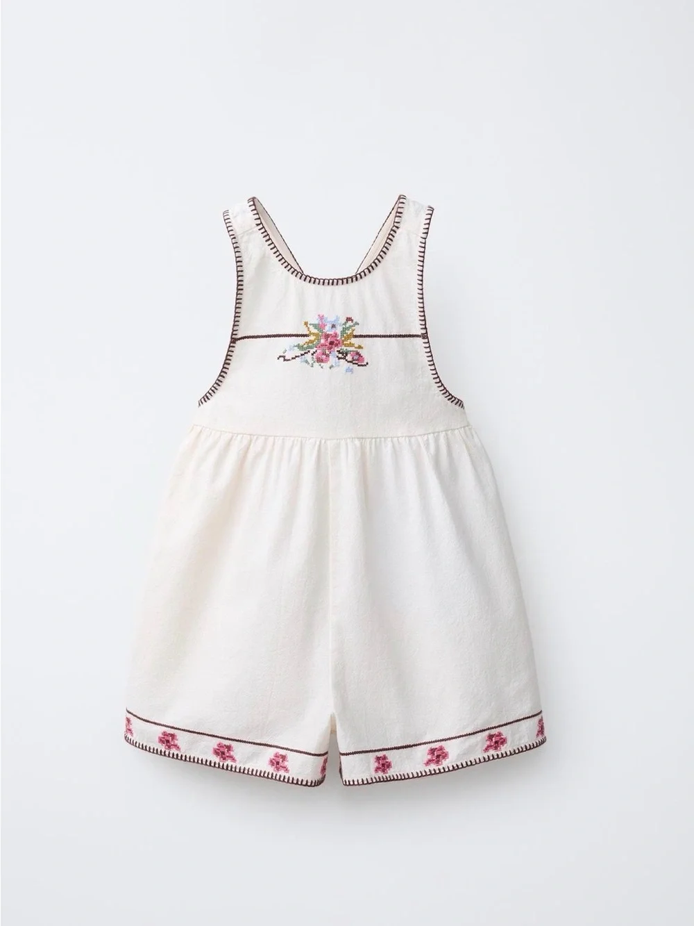 Zara Cream Romper with Pink Floral Embroidery